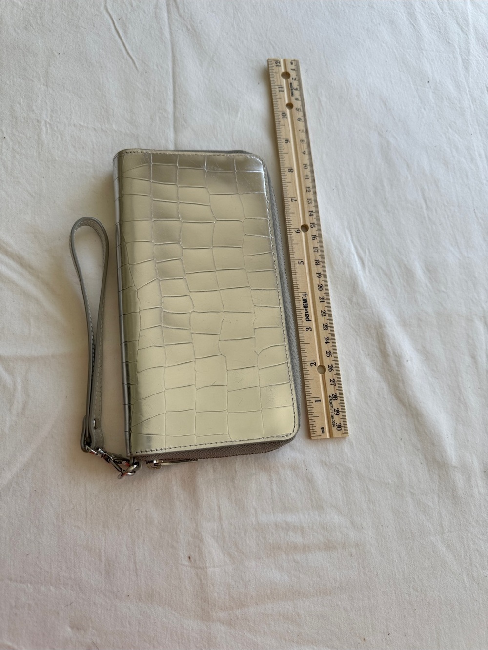 Nordstrom Zip-Around Leather Wallet in Silver and beige interior